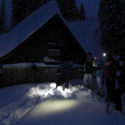 Nachtwanderung mit Schneeschuhen – eine Gruppe bei der Lochhütte.
