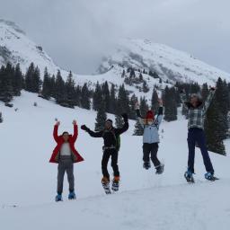 Freudensprünge im Schnee – im Hintergrund sieht man die Churfirsten.