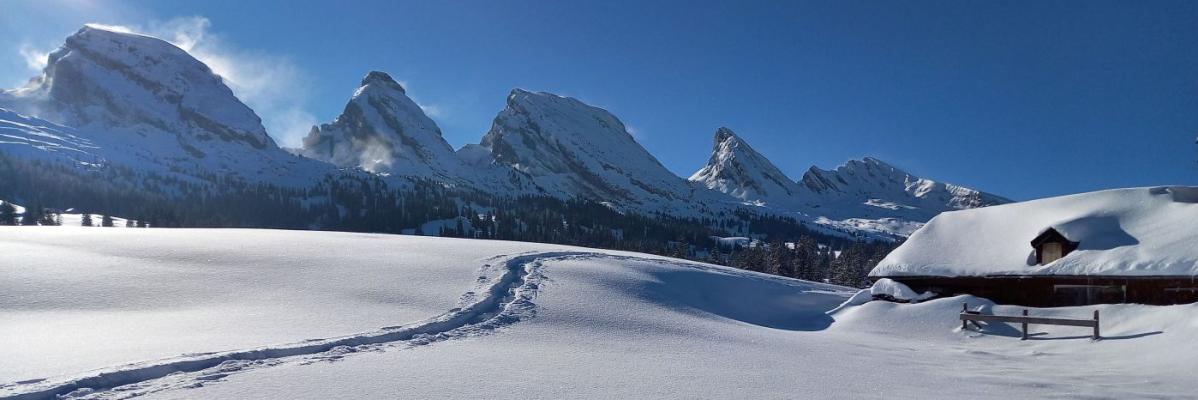 Tief verschneite Winterlandschaft im Toggenburg – Blick über die Alp Sellamatt zu den Churfirsten.