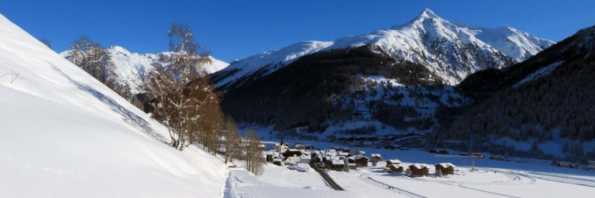 Spuren einer Schneeschuhwanderung mit Blick ins Goms, Wallis